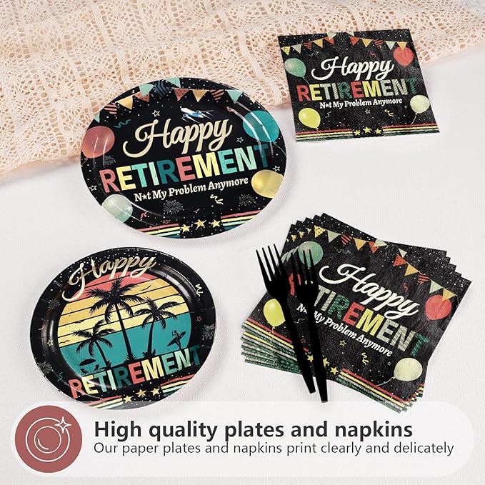 96Pcs Vintage Retirement Party Decorations Colorful Vintage Happy Retirement Plates and Napkins Tableware Sets Retired Themed Decorations for Men Women Retired Farewell Party Supplies Serves 24