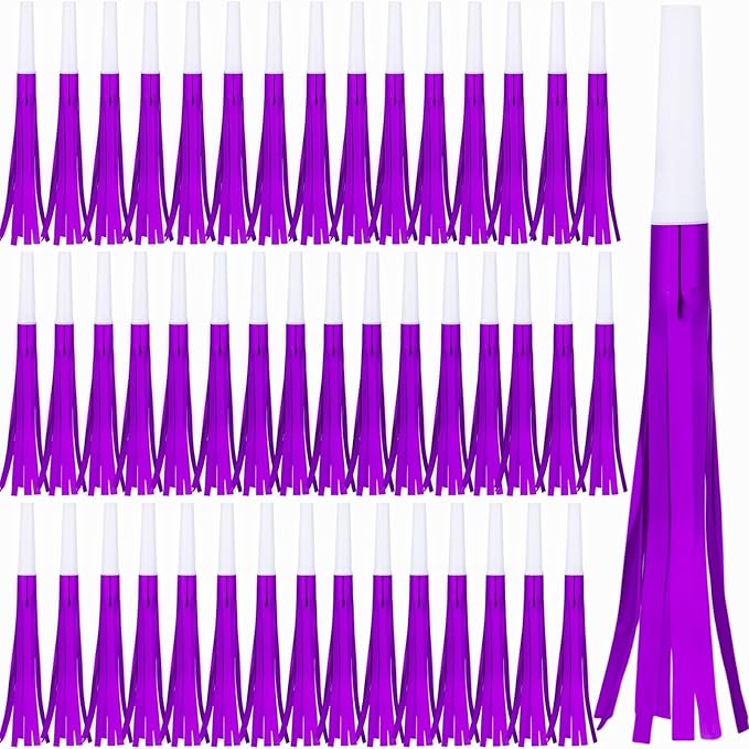 Noise Makers Party Horns, 48 Pack, Purple Metallic Glitter with Fringe, for Birthday, Wedding, New Year