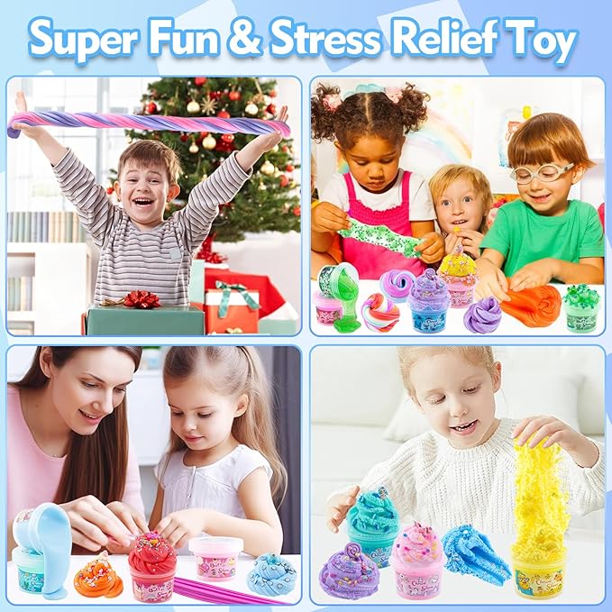 18 x 80 mL Big Premade Slime Kit - 48 FL OZ Slime with 6 Butter, 6 Cloud & 6 Clear Crystal Slimes Varieties - Party Favors for Kids, 56 Pcs Slimes Pack with Jelly Cube Add-ins
