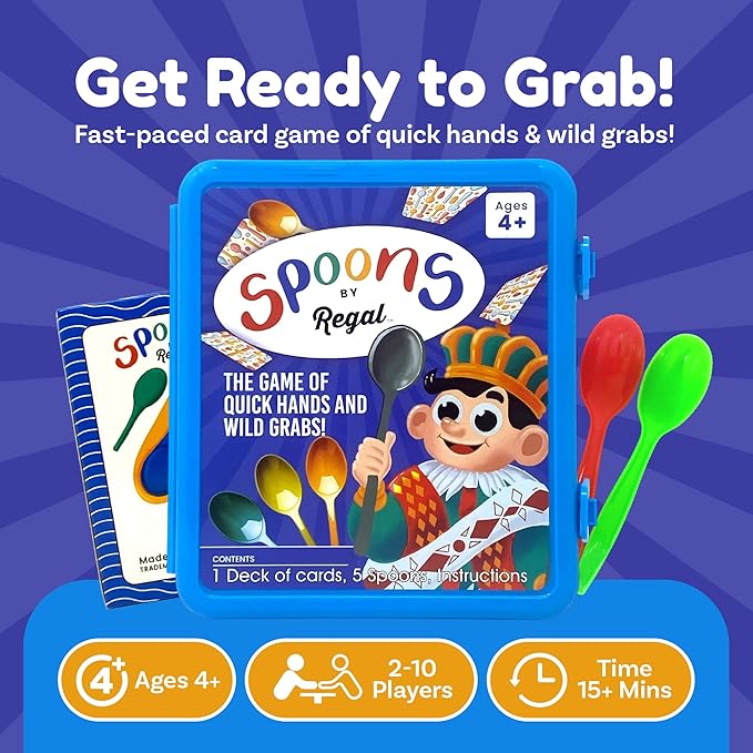 Regal Games Spoons Card Games for Kids - Spoons Game, Deck of Cards, Fun Family Games for Kids and Adults, Playing Cards, Game Night, Travel Games, 3-5 Multi-Player Card Game, Games for Adults