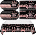 41Pcs 80th Birthday Decorations for Women, Vintage 80 Birthday Black and Rose Gold Disposable Paper Plates and Napkins Party Supplies for 20 Guests, 41Pcs Include 7" Plates Napkins and Tablecloth