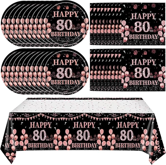 41Pcs 80th Birthday Decorations for Women, Vintage 80 Birthday Black and Rose Gold Disposable Paper Plates and Napkins Party Supplies for 20 Guests, 41Pcs Include 7" Plates Napkins and Tablecloth