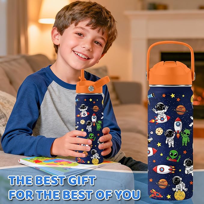 Space Astronomy Gifts for Kids - 18 Oz Kids Water Bottle with Straw Lid, Stainless Steel Insulated Tumbler, Leak Proof, BPA-Free, for Boys, School, Travel - Universe Children Birthday Gifts Cups(1pc)