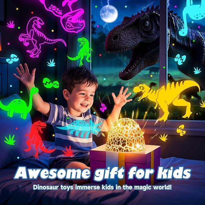 PIKOY Dinosaur Toys for Kids 3-5 Easter Gifts for Kids Toys Night Light Projector Dinosaur Eggs Easter Eggs Night Light for Kids | 15 Sounds & 3D Films | 31Colors & Remote Control | Easter Toys