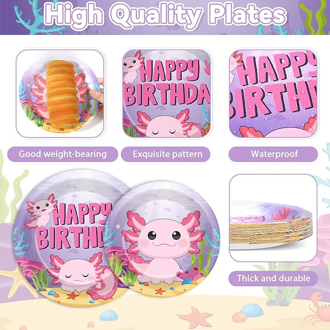 100 Pcs Axolotl Birthday Party Supplies Pink Axolotl Disposable Paper Plates Forks Tableware Sets Cute Cartoon Reptile Animals Happy Birthday Decorations for Kids Girls Baby Shower Serve 25 Guests