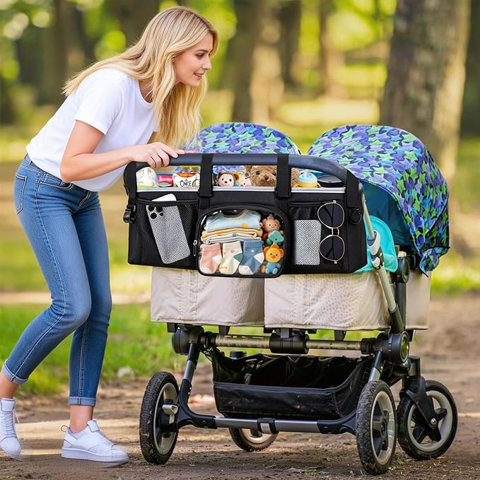 Double Stroller Organizer for Bob Duallie Jogger City Mini GT2 and Jeep, Double Baby Stroller Caddy Accessories with 2 Cooler Pockets, Heavy Duty Parent Double Jogging Stroller Organizer (Empty Bag)