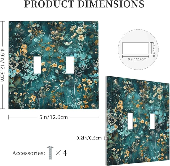 Decorative Switch Plates Green Leaf Floral Boho Golden Flower Plant 2 Gang Double Toggle Outlet Light Switch Cover Wall Plate Electrical Faceplate For Bed Room Cabin Decor