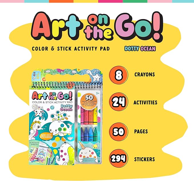 Bright Stripes Art on The Go Going Dotty Ocean Theme Travel Kit for Kids Ages 3+ | Compact Coloring Set with Crayons, Dot Stickers & Activity Book | Fun, Mess-Free Crafts for Toddlers and Preschoolers