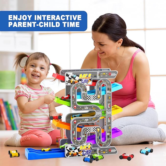 aotipol Toddler Toys for 2 3 Year Old Boy Girl, Double-Track Car Ramp Toy with Pull-Out Parking Lots & 10 Mini Cars, Montessori Toy Birthday Gifts for Toddlers Boys Girls Age 18+ Month Old, New Track