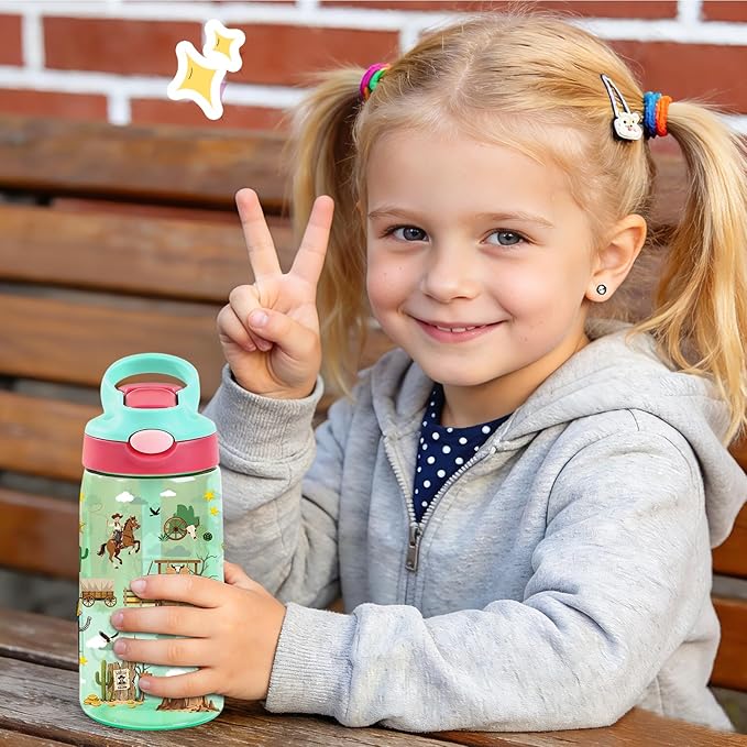 14oz Kids Water Bottle with Straw Lid - Cowboy Water Bottles for Kids, Leakproof, Lightweight, Durable Plastic Bottles for School Travel, Pop-Up Straw Cover, Gift Cup for Boys Girls(Cowboy)