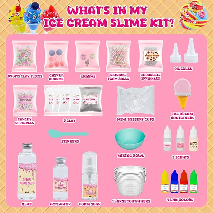 Funewest Slime Kit for Girls Ages 8-12, Mini Ice Cream Slime Making Kit with 30+ Piece & Storage Case, DIY Creative Crafts Non-Sticky Sensory Toys Birthday Gifts for Kids Beginners