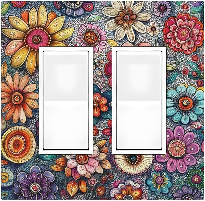 Decorative Outlet Covers Colorful Rainbow Pointillisme Flower 2 Gang Double Gfci Rocker Electrical Wall Panels Light Switch Cover Plate For Bed Room Home Decor