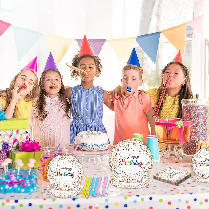 96 Pieces Happy Birthday Plates and Napkins Party Supplies for Confetti Sprinkles Theme Table Decorations Pastel Birthday Party Tableware Donut Paper Plates Napkins Forks Favors for 24 Guests.