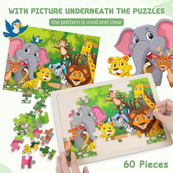 Wooden Puzzles for Kids Ages 4-8, 6 Pack 60 Piece Jigsaw Puzzle Set, Preschool Educational Brain Teaser Toys with Animals Dinosaur Space & Vehicles, Educational Toys for Boys and Girls