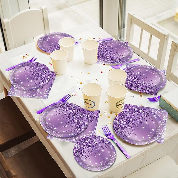 96 Pcs Purple Silver Tableware Set for Birthday Party Decor Disposable Dessert Plates Napkins Forks for 24 Guests Elegant Purple Tableware for Women Girls Baby Shower Bridal Shower Party Supplies