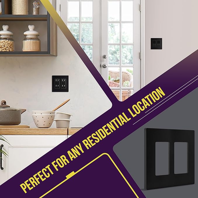 ENERLITES Screwless Decorator Wall Plates Child Safe Outlet Covers, Size 2-Gang 4.68" H x 4.73" L, Polycarbonate Thermoplastic, SI8832-BK-5PCS, Glossy, Black (5 Pack)