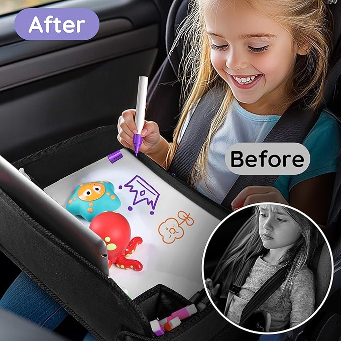 Kids Travel Tray, 2Pcs Kids Travel Trays for Car Seat, Road Trip Essentials for Toddler, Carseat Lap Tray with Dry Erase Board & Storage Organizer for Road Trip Activities for Kid, Black