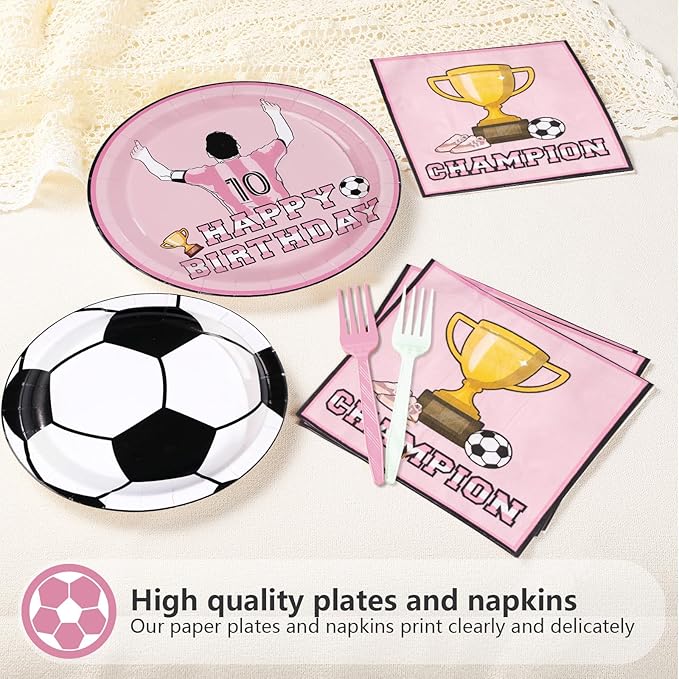 96Pcs Pink Soccer Birthday Party Supplies Pink Soccer Star Plates and Napkins Football Champion Themed Tableware Set for Sports Fans Football Theme Birthday Party Supplies，Serves 24