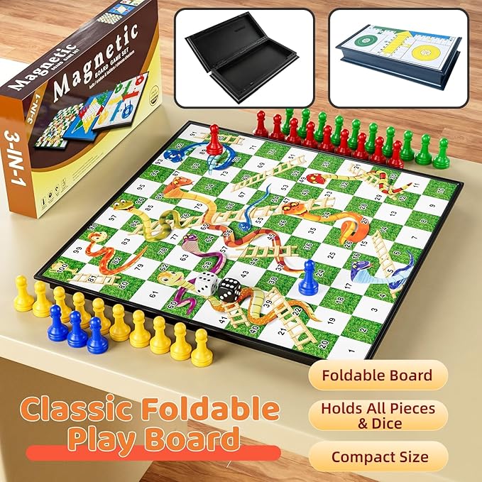 3 in 1 Magnetic Board Games Set for Kids Adults - Classic Travel Game Set with Chinese Checkers, Ludo, Snakes and Ladders, Educational Family Strategy Game with Folding 12.4 Inches Board & Piece