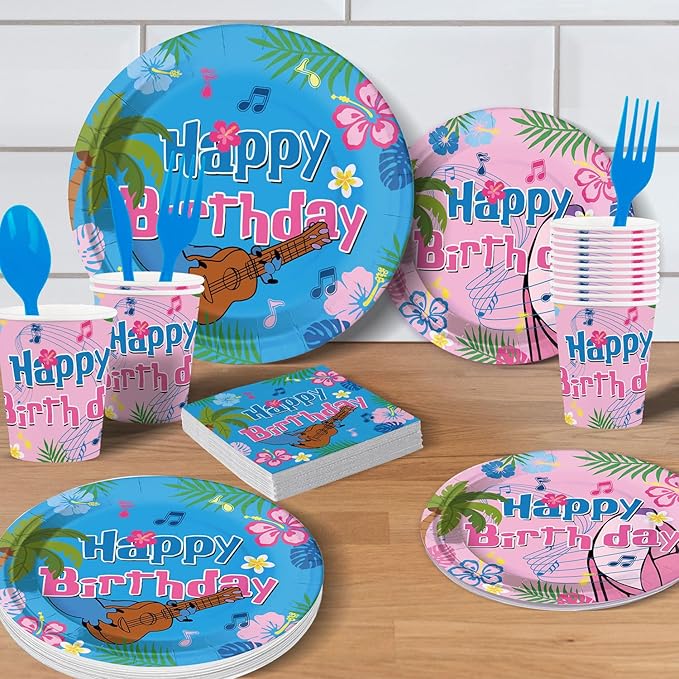 Cute Blue-Pink Cartoon Themed Party Supplies for kids Birthday Party Decorations Disposable Tableware Set With Plates,Cups, Napkins,Knives,Forks,Spoons,Perfect for 24 Guests