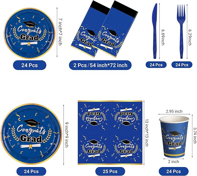 Graduation Decorations Class of 2026 Graduation Party Decorations,147 PCS Disposable Congrats Grad Tableware,Blue and Black Tablecloth Knives Fork Plates Napkin Cups for School,College,Party,Serve 24