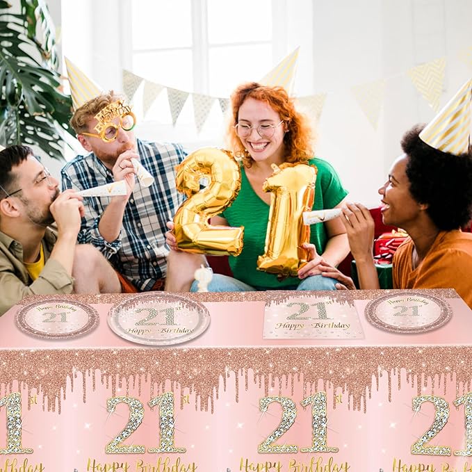 62Pcs 21st Birthday Decorations for Girls Her, Rose Gold Birthday Party Supplies Include 40Pcs Plates 20Pcs Napkins and 2Piece Tablecloth, Rose Gold Sweet 21 Party Tableware for 20 Guests