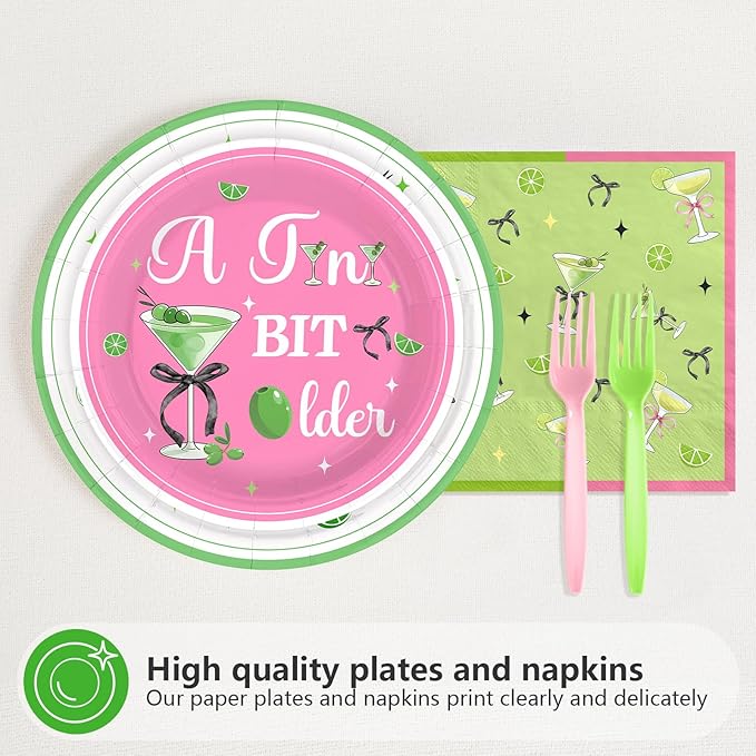 96Pcs Matini 21st Birthday Party Decorations A Tini Bit Older Plates and Napkins Tableware Sets Pink Green Decorations for 21 Years Old Women Girls Birthday Martini Party Supplies Serves 24