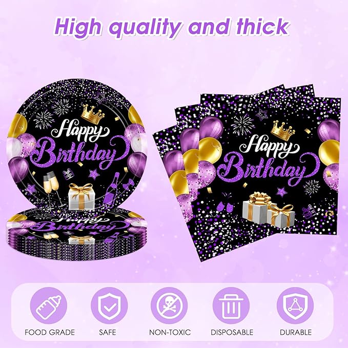 Purple and Black Birthday Decorations,Disposable Party Tableware include Happy Birthday Plates Napkins Tablecloth,for Bday Party Decorations for Women,Girls,Men and Boys,Serves 20