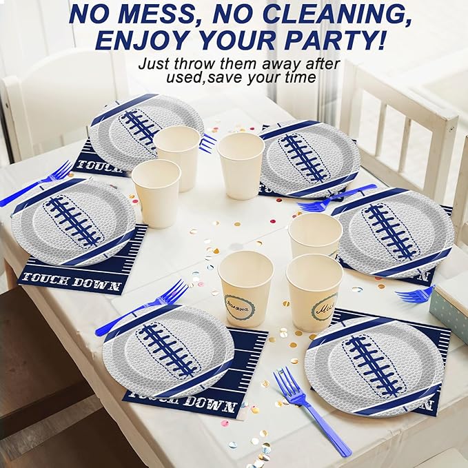 Qyeahkj 25 Guests Cowboys Football Party Plates and Napkins Supplies American Football Team Platters Tableware Set Touch Down Blue & White Decor Favors for Football Fans Boy Sports Team Theme Party