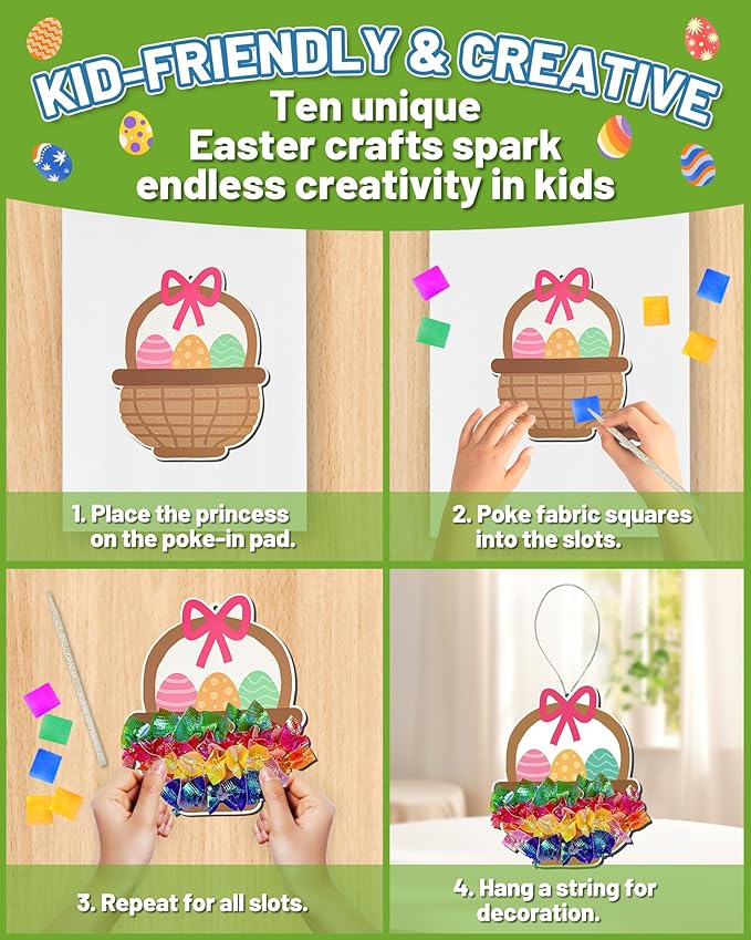 ATFUNSHOP 10 Packs Poke in Crafts Art Easter Basket Stuffers, Mess Free Kids Paper Activites, Easter Gifts for Boys and Girls 4 5 6 7 8 9 Years Old, DIY Eggs & Bunny Toys