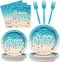 CHUNNIN 96Pcs Beach Happy Birthday Plates and Napkins Ocean Waves Ocean Seashell Party Decorations Beach Themed Party Dessert Plates Summer Pool Tableware for 24 Guests Hawaiian Supplies