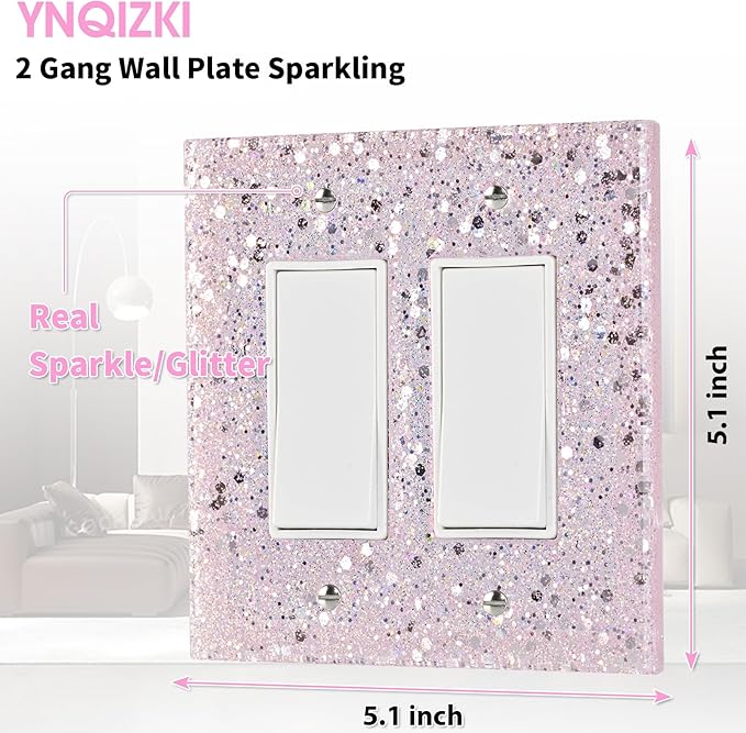 2-Gang Light Switch Cover Plate,Shiny Pink Glossy Finish,5.1"x5.1",Sparkle Design for Outlet or Double Rocker Switch