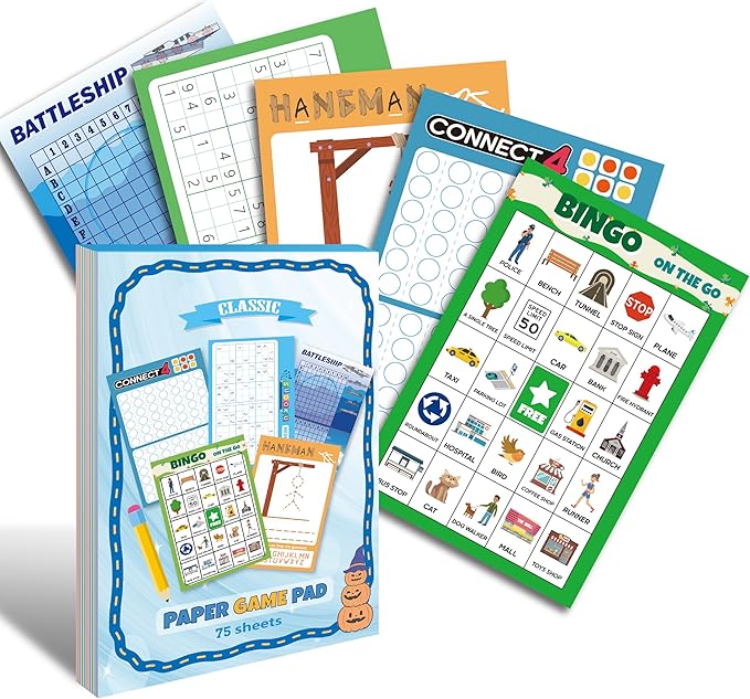 GRANDLMOON 5 Portable Travel Game Activities Pad On The Go Plane Trip Pen Pencil and Paper Game for Teens 6 x 9-inches (75 Sheets) Version 2