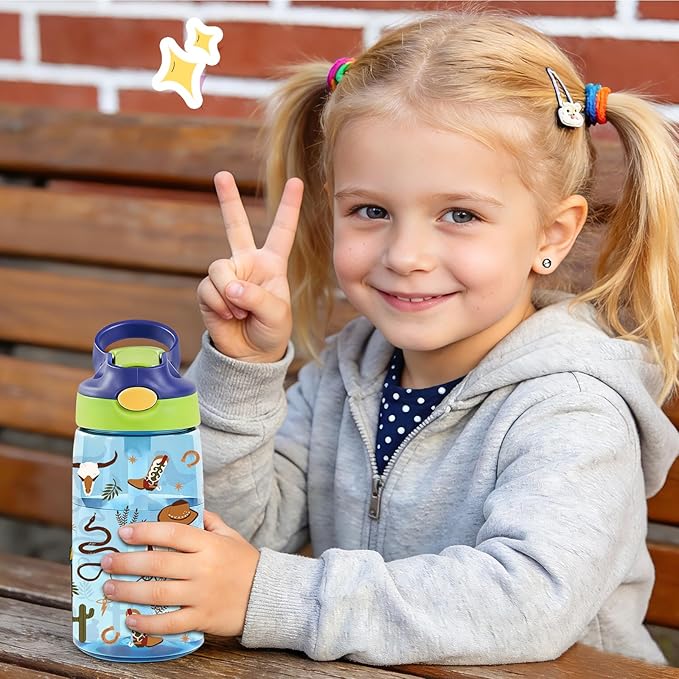14oz Cowboy Kids Water Bottle with Straw - Western Water Bottle For School, Leakproof, Lightweight, Durable Plastic Bottles for Kids Travel, Pop-Up Straw Cover, Gift Cup for Boys Girls (Cowboy)