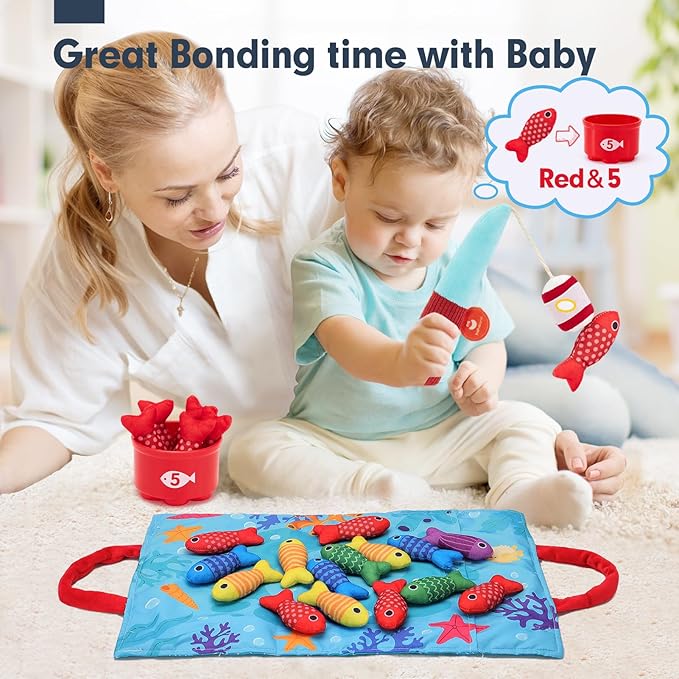 hahaland Montessori Toys for 1 Year Old Boy Girl Birthday Gift - 10 in 1 Cloth Fishing Game Toddler Toys with Stacking Cups - Number Counting, Color Sorting Learning