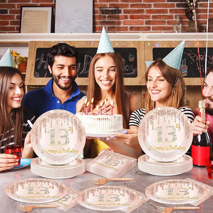 96 Pcs 13th Birthday Decoration for Girls Rose Gold 13th Birthday Plates and Napkins Party Supplies Rose Gold Pink Happy 13 Years Party Disposable Tableware Set for 24 Guests Party Decoration