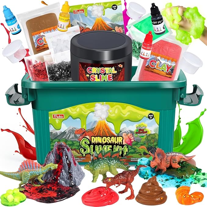 Dinosaur Slime Making Kit, Jelly Cube/Butter/Crystal/Glow in The Dark Slime with Add-ins, Includes Dino Figurines/Volcano, Christmas Birthday Party Favors Gift Toys for Kids Boys 6-12