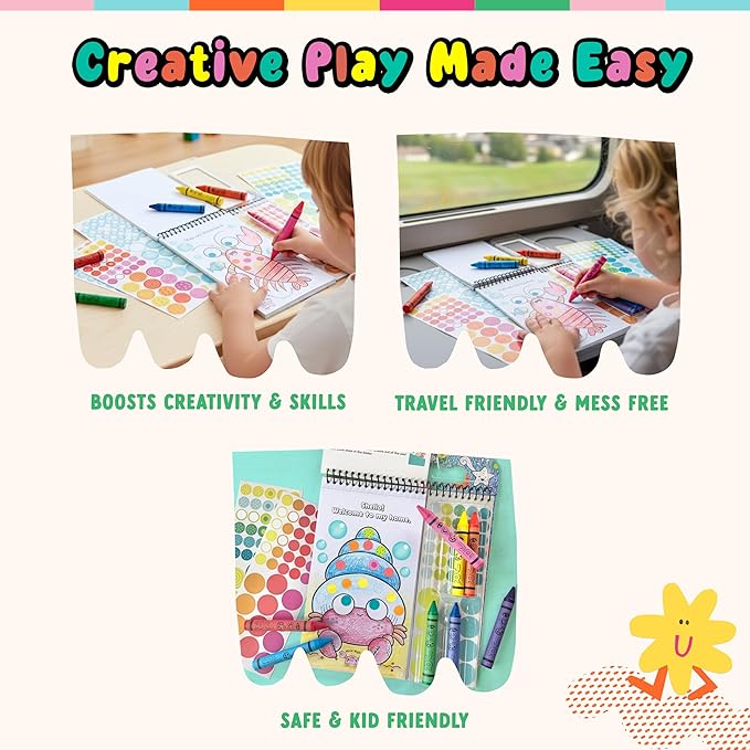 Bright Stripes Art on The Go Going Dotty Ocean Theme Travel Kit for Kids Ages 3+ | Compact Coloring Set with Crayons, Dot Stickers & Activity Book | Fun, Mess-Free Crafts for Toddlers and Preschoolers