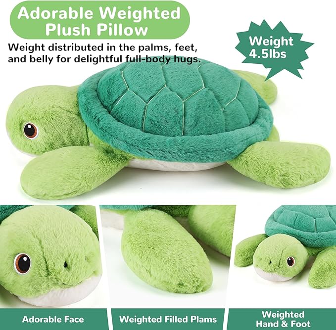 gnomantic Turtle Weighted Stuffed Animals - 22 Inch 4.5 Pounds Weighted Plushies Sea Turtle Stuffed Animal - Big Tortoise Plush Pillow - Cute Plush Toys Gifts for Kids & Adults (22" 4.5 lbs)