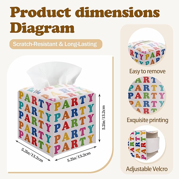 Colorful Party Tissue Box Cover – PU Leather Square Party Decor with Belt Bottom, Ideal Table Centerpiece & Party Favor for Birthday, Bridal Shower & Celebrations Decorations
