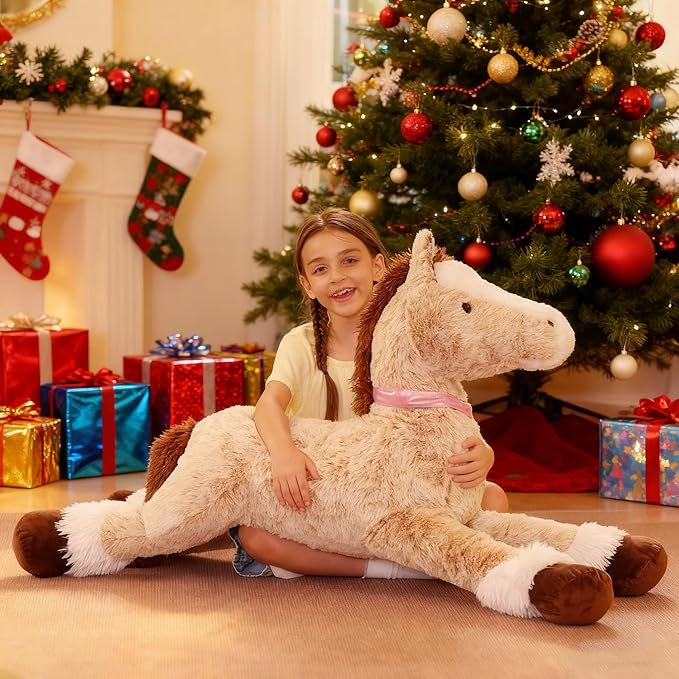 Tezituor 47 Inch Giant Horse Stuffed Animal, Hugging Soft Brown Horse Plush Body Pillow, 4ft Realistic Stuffed Stallion Plush Toy Gift for Girls Boys