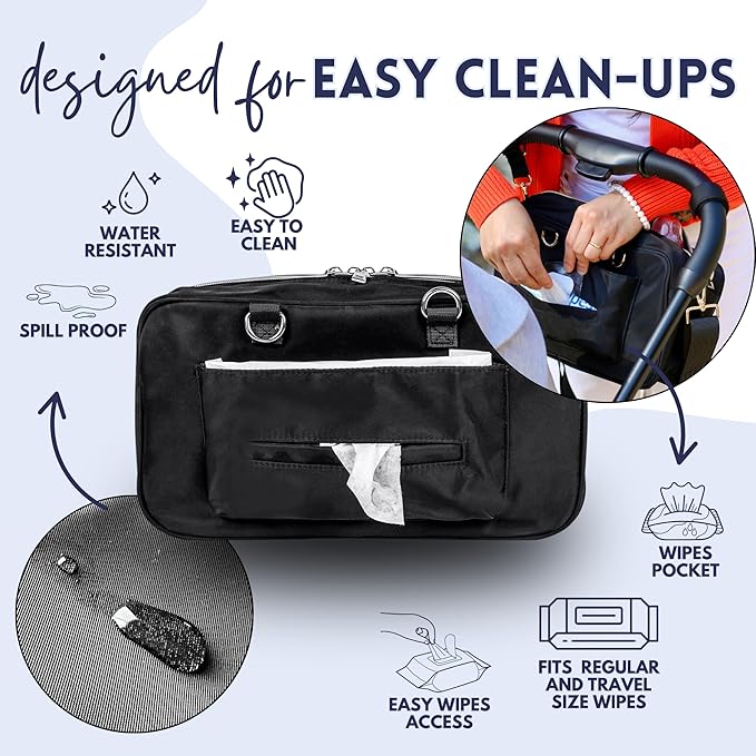 Universal Stroller Caddy with Cup Holder, Waterproof Small Diaper Bag, Stroller Organizer with Shoulder Straps, Baby Travel Bag with Wipes Pocket