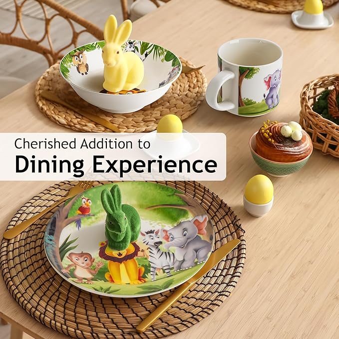 MIAMIO Kids' Jungle Dinnerware Set - 3 Pieces, Ceramic, Includes Plate, Bowl, and Cup