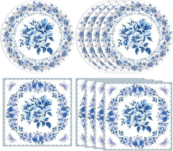 40 PCS Floral Birthday Decorations Blue and White Flower Theme Disposable Tableware Blue Plates and Napkins Party Supplies for Wedding Baby Shower Bridal Shower Holiday Birthday Party Supplies