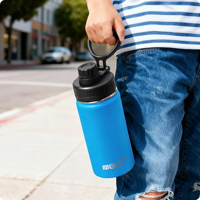 Kids Insulated Water Bottle-16 oz Stainless Steel Vacuum Wide Mouth Sports Flask with Silicone Boot-Reusable Metal Leak Proof Travel Water Bottle for Girls Boys, BPA-Free(Sky Blue)