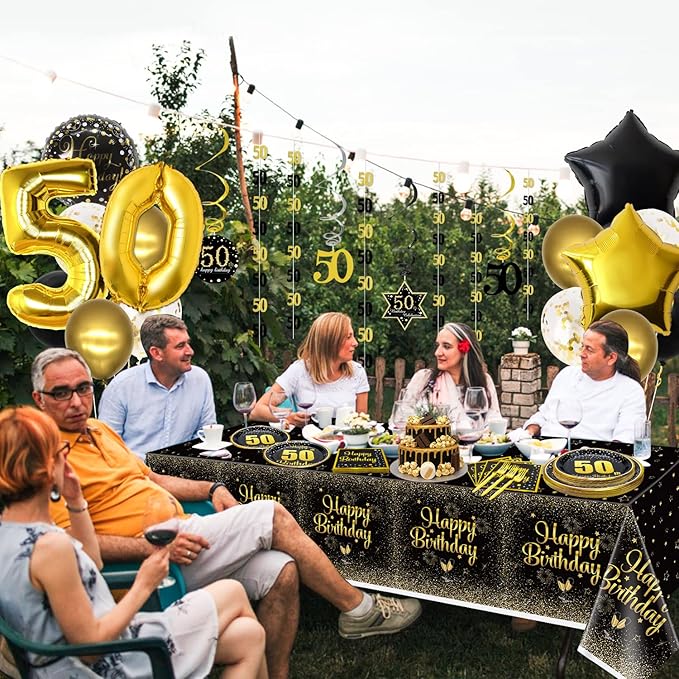 50th Birthday Decorations for Women and Men - 81 Pcs Plates Napkins 50th Tablecloth Forks Set Black and Gold Party Decorations Serve 20