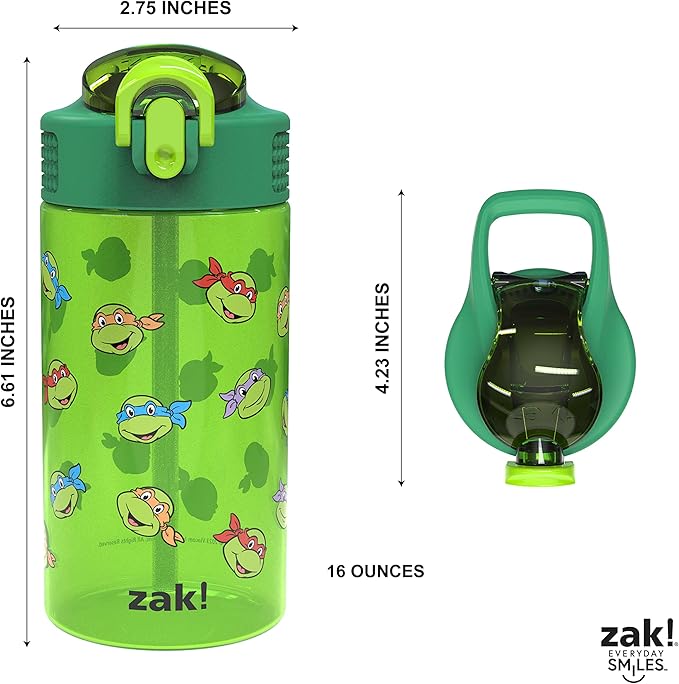 Zak Designs Teenage Mutant Ninja Turtles Kids Water Bottle For School or Travel, 16oz 2-Pack Durable Plastic Water Bottle With Straw, Handle, and Leak-Proof, Pop-Up Spout Cover (TMNT)