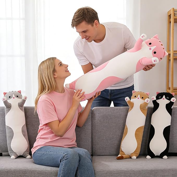 Cute Cat Plush Long Body Pillow – Soft Cartoon Stuffed Animal Doll, Kawaii Cat Plushie Cuddle Toy for Kids, Girls & Girlfriend (Black, 35.4 Inch)