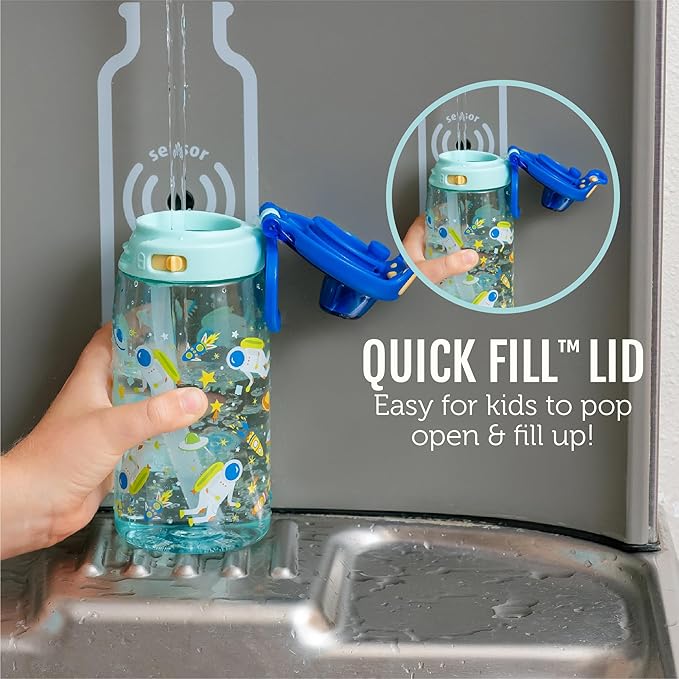 Ello Kids Pop & Fill 16oz Tritan Plastic Water Bottle with Quick Fill Technology, Leak Proof Locking Lid, Sip & Chug, BPA Free, Dishwasher Safe, For School, Lunchboxes, Dino