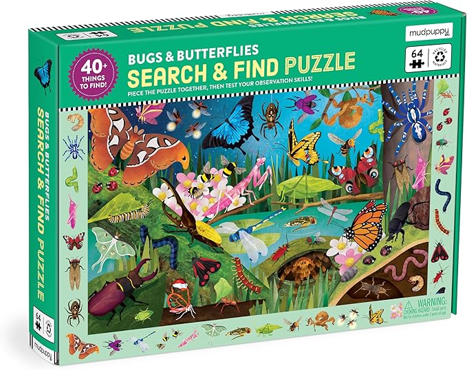 Mudpuppy Bugs & Butterflies — 64 Piece Search & Find Puzzle Jigsaw Puzzle Featuring Diverse Bugs and Insects and Over 40 Hidden Images to Find for Ages 4+